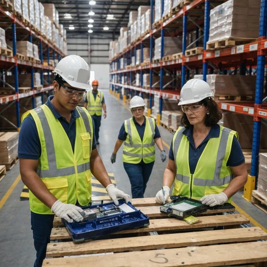 Warehouse workers in safety gear conducting inspections with equipment, surrounded by pallet racks and boxes, emphasizing compliance in warehouse operations.