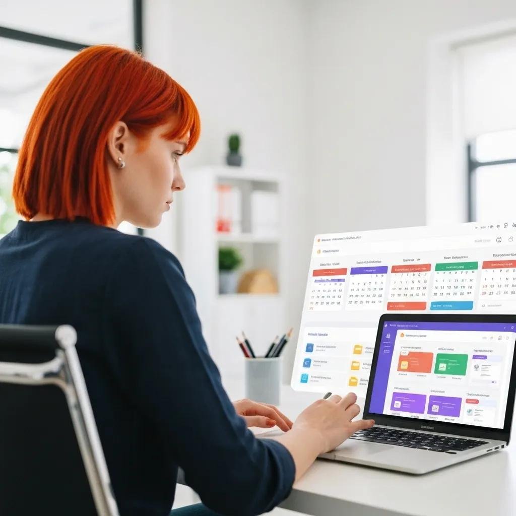 Woman with red hair working on laptop in modern office, using project management software to track warehouse permits and compliance.