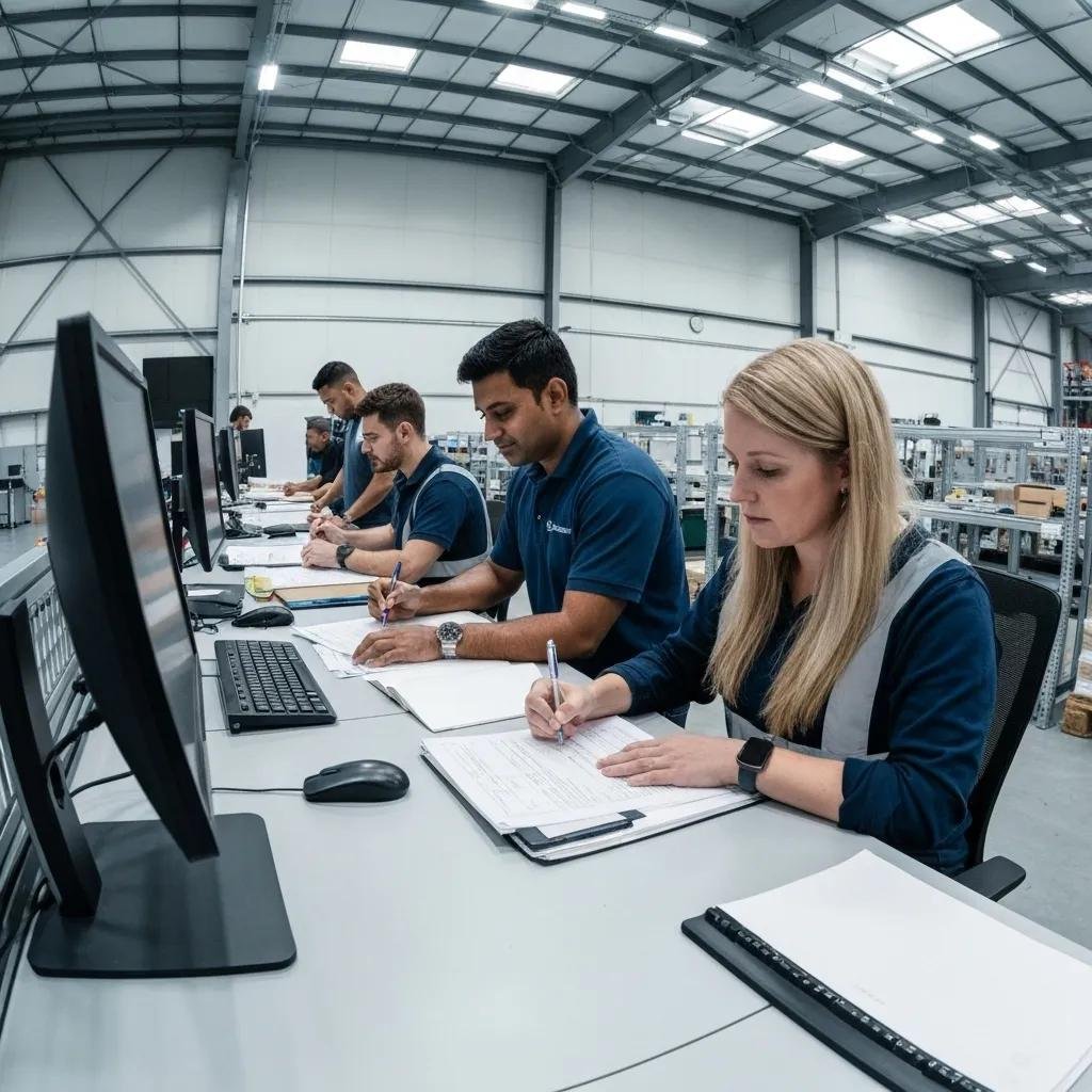 Warehouse professionals meticulously reviewing permit applications for optimal compliance