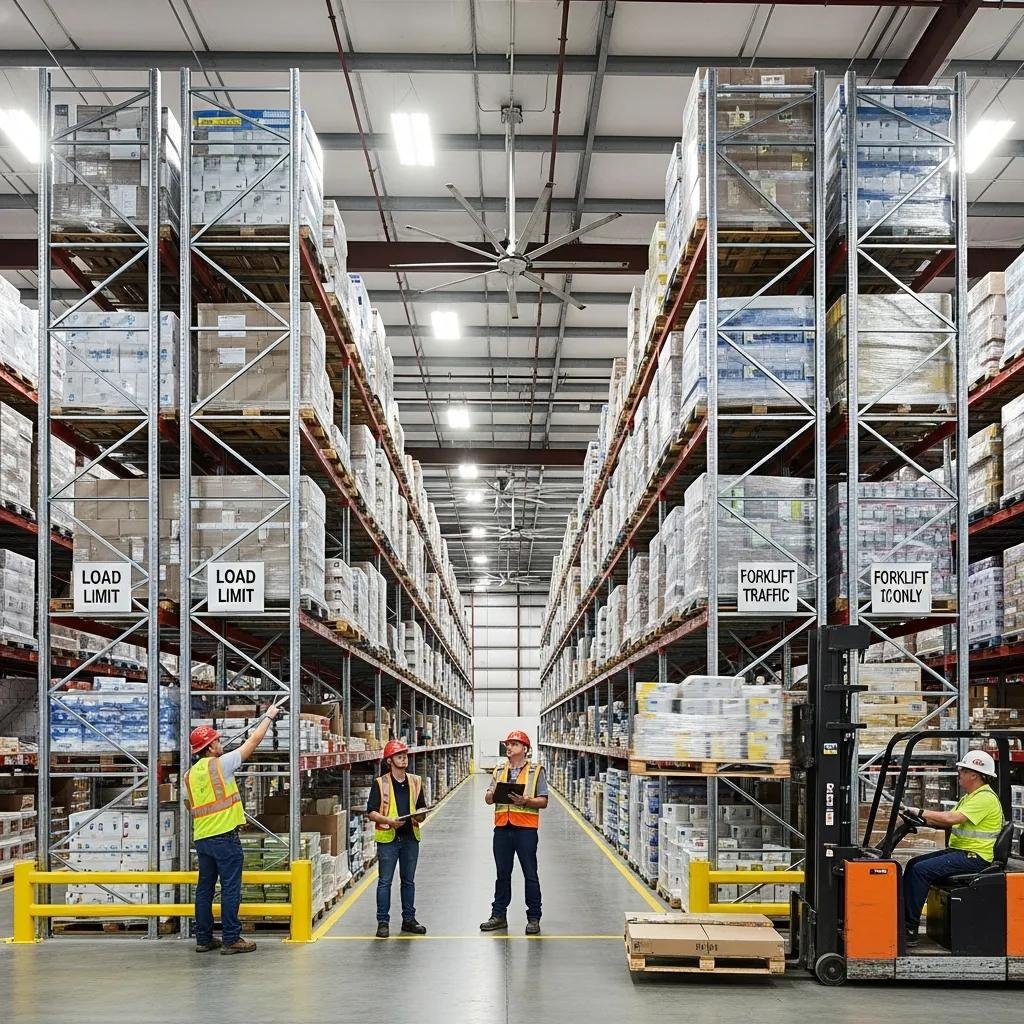 Warehouse racking installation with workers inspecting safety compliance