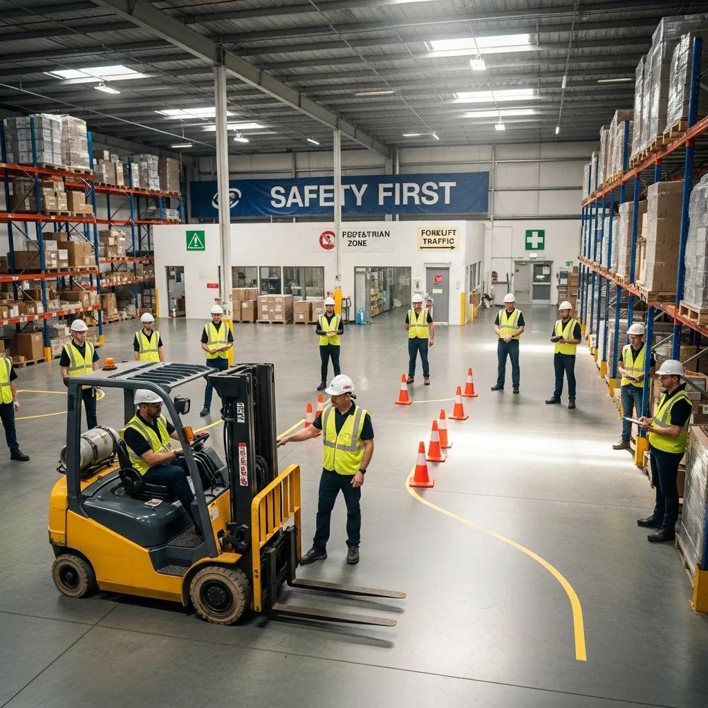 Safety training session in a warehouse focusing on forklift operation and pedestrian safety awareness