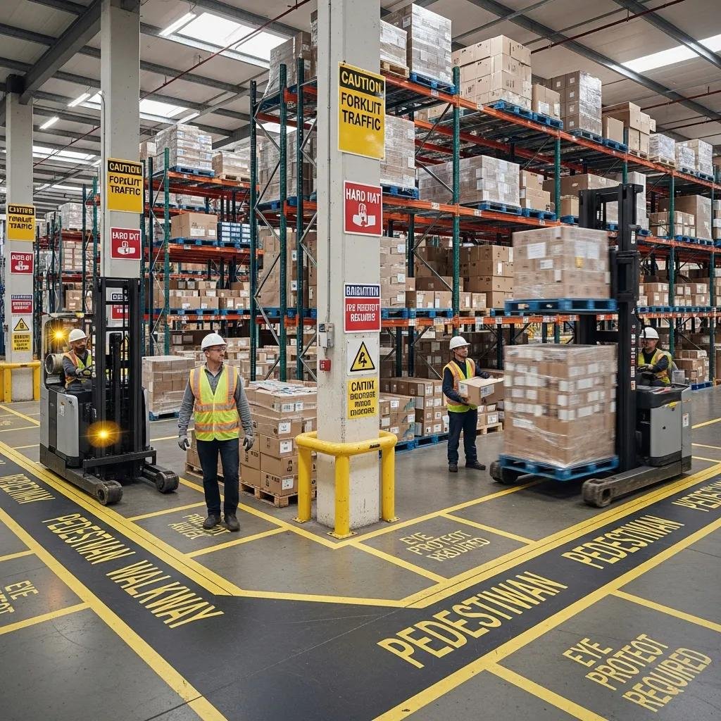 Warehouse environment highlighting pedestrian safety protocols with marked walkways and safety signage