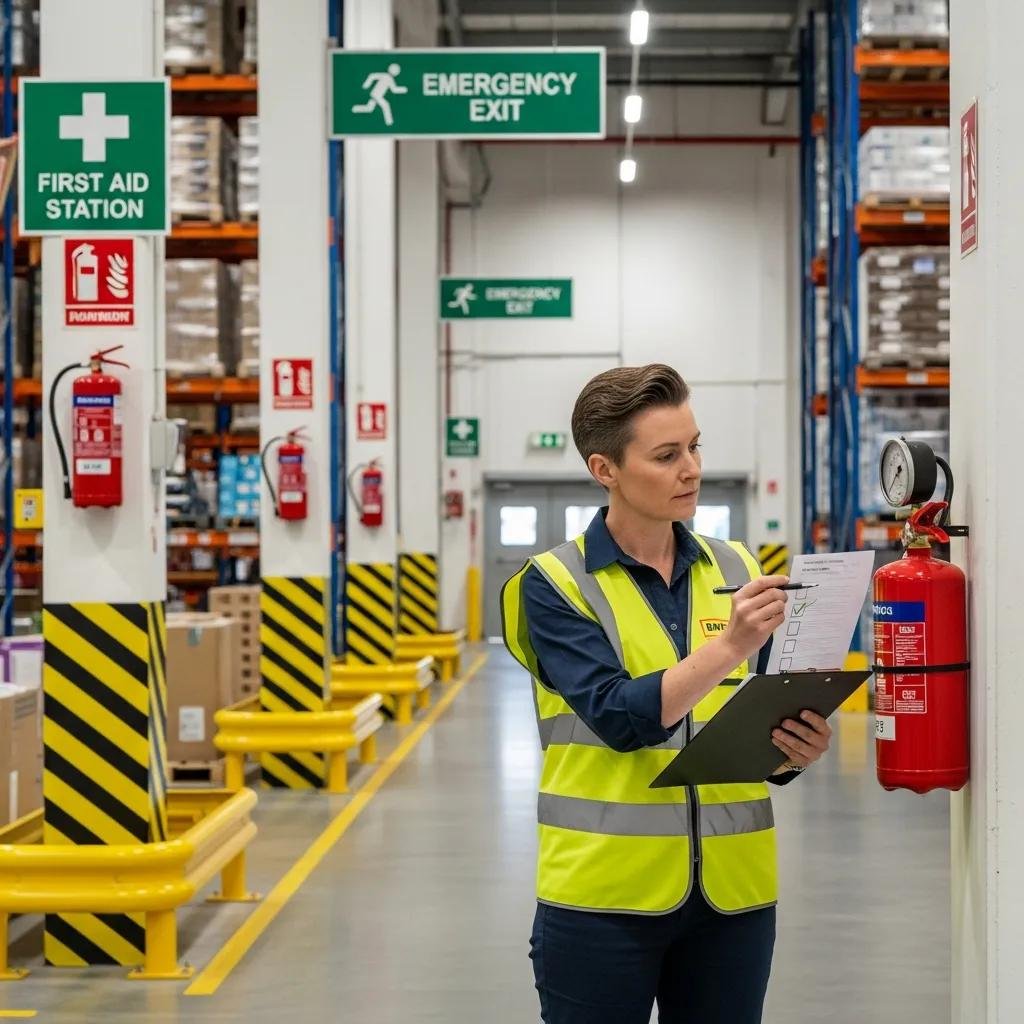 Auditor conducting a safety checklist in a warehouse with safety equipment visible