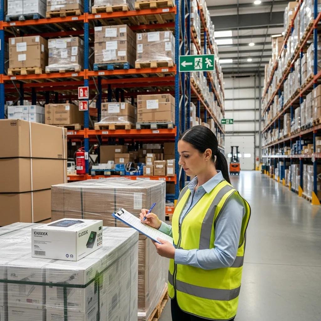 Auditor conducting inventory audit with checklist in warehouse