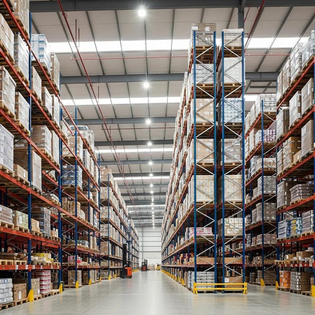 Best practices for pallet racking ventilation showing clear flue spaces and sprinkler placement