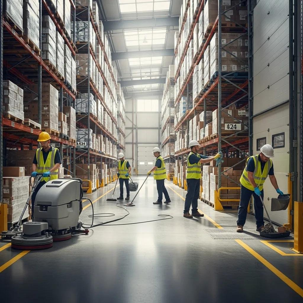 Clean and organized warehouse with employees in PPE engaged in housekeeping tasks