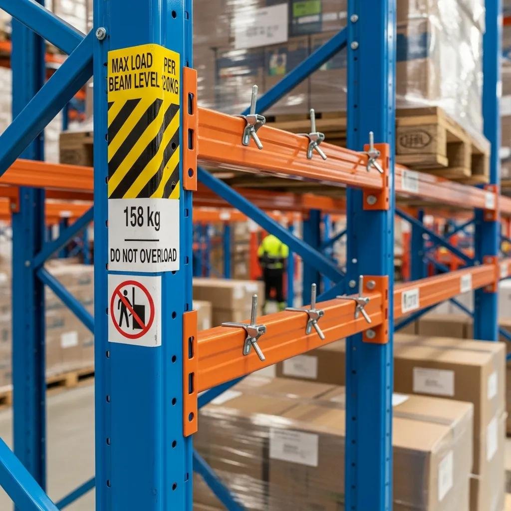 Close-up of pallet racking system showcasing safety labels and load limits