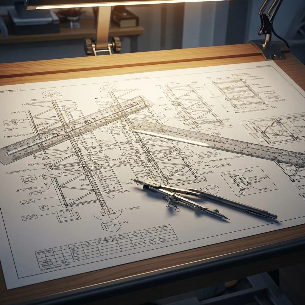 Detailed rack engineering drawing on a drafting table with tools