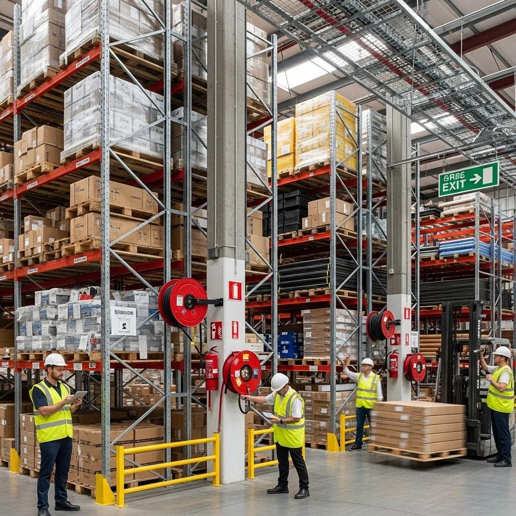 Different storage systems in a warehouse being inspected for safety compliance