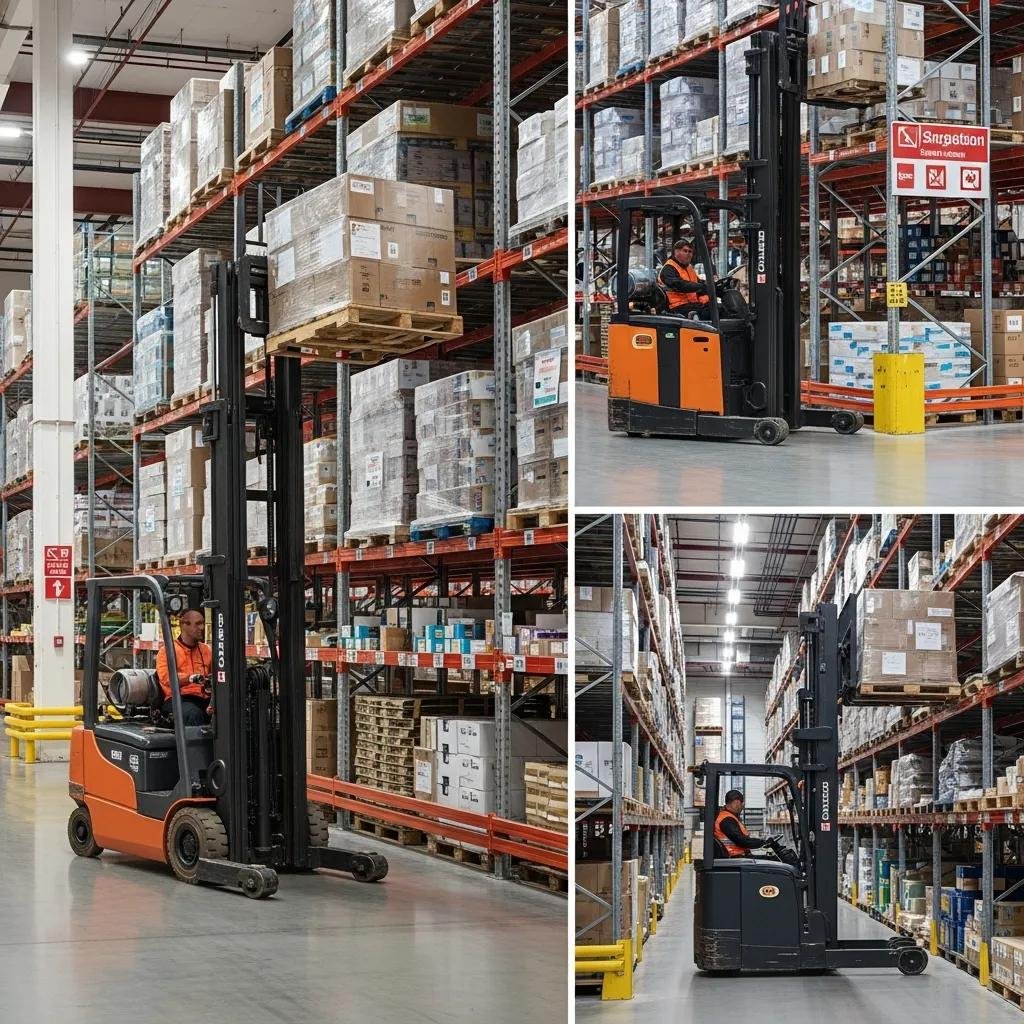 Different types of forklifts in a warehouse, illustrating optimal aisle widths for safe operation