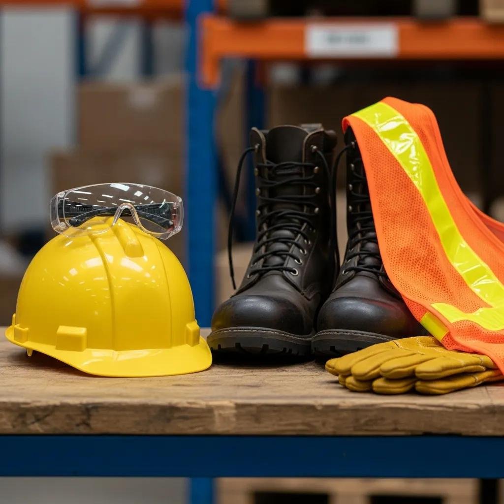 Display of essential warehouse safety equipment including hard hats, safety glasses, and steel-toed boots