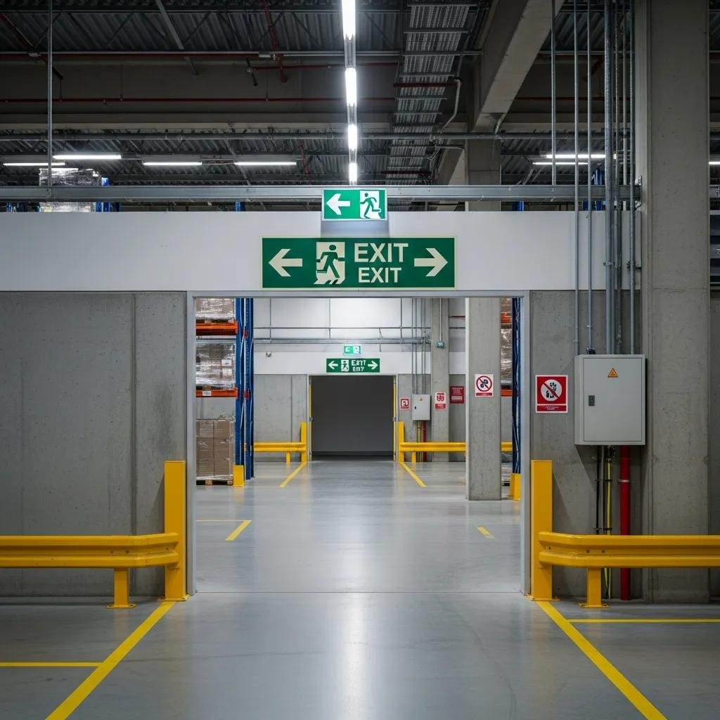 Emergency exit in a warehouse demonstrating compliance with egress regulations