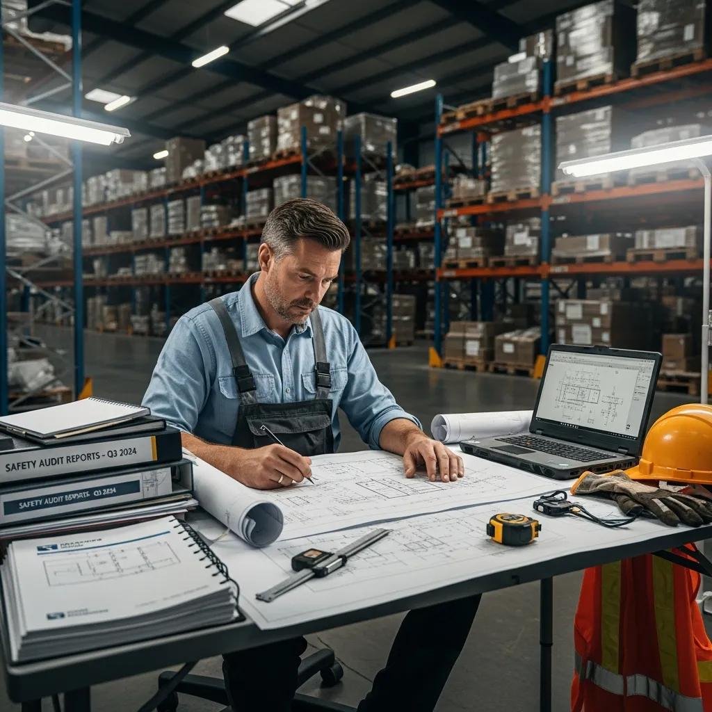 Engineer reviewing blueprints and safety reports in a high pile storage warehouse