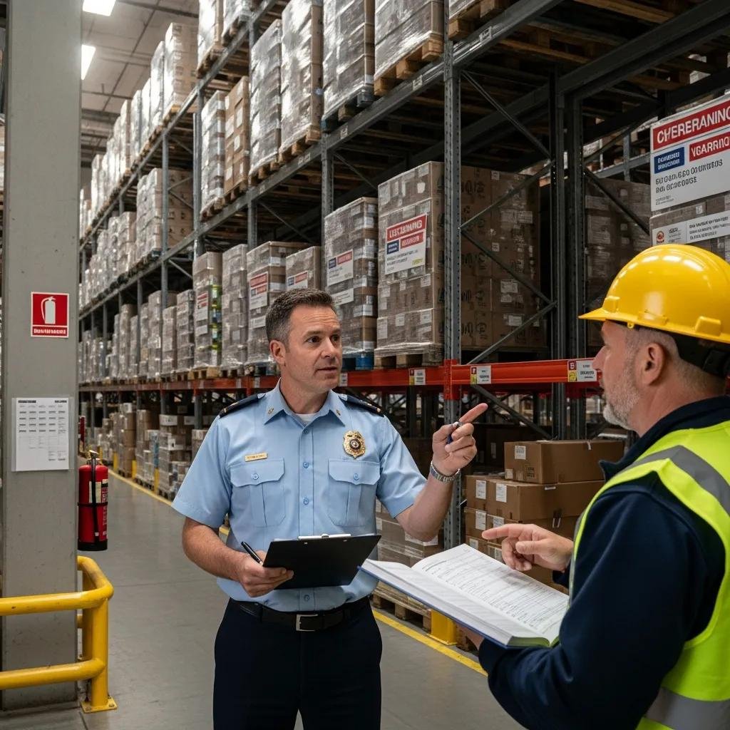 Fire marshal conducting an inspection in a warehouse, reviewing safety protocols and storage practices