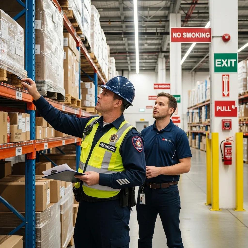 Fire marshal inspecting a warehouse for compliance with Texas Fire Code regulations