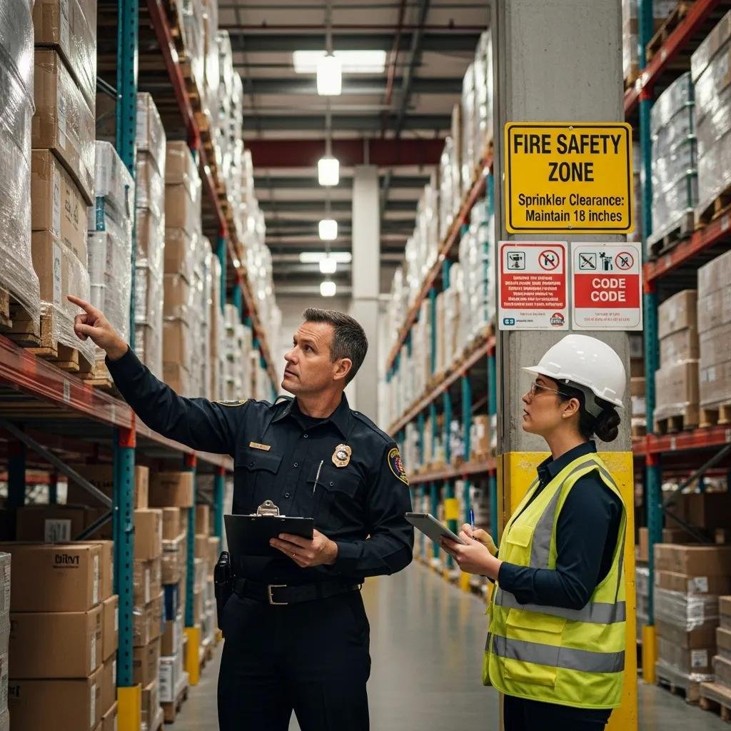Fire marshal inspecting high pile storage area for compliance with safety codes