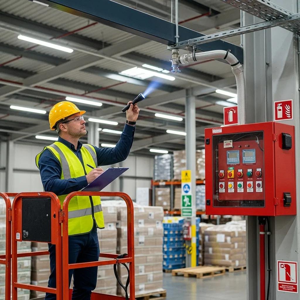 Fire safety consultant conducting an audit of fire safety systems in a warehouse