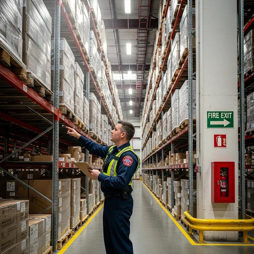 Fire safety officer inspecting high pile storage systems for compliance