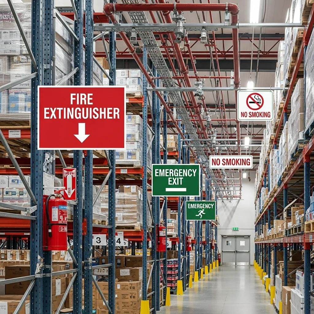 Fire safety system in a warehouse with visible sprinkler systems and safety signage