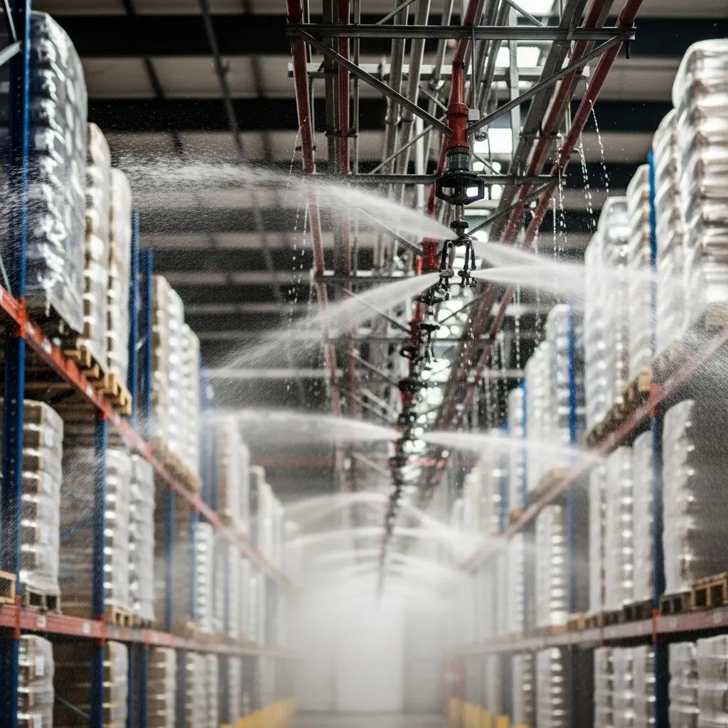 Fire sprinkler system in action within a high pile storage warehouse