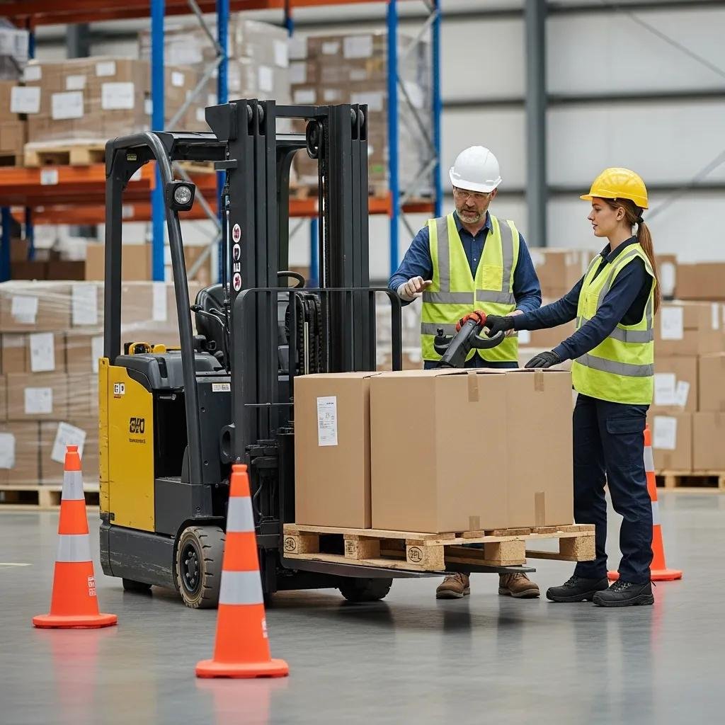 Forklift operator receiving training on safe operation techniques in a warehouse environment