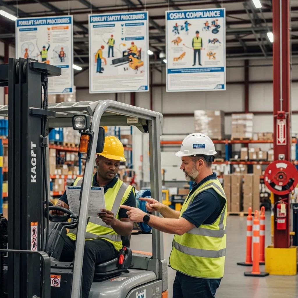 Forklift operator receiving training on safety protocols in a warehouse