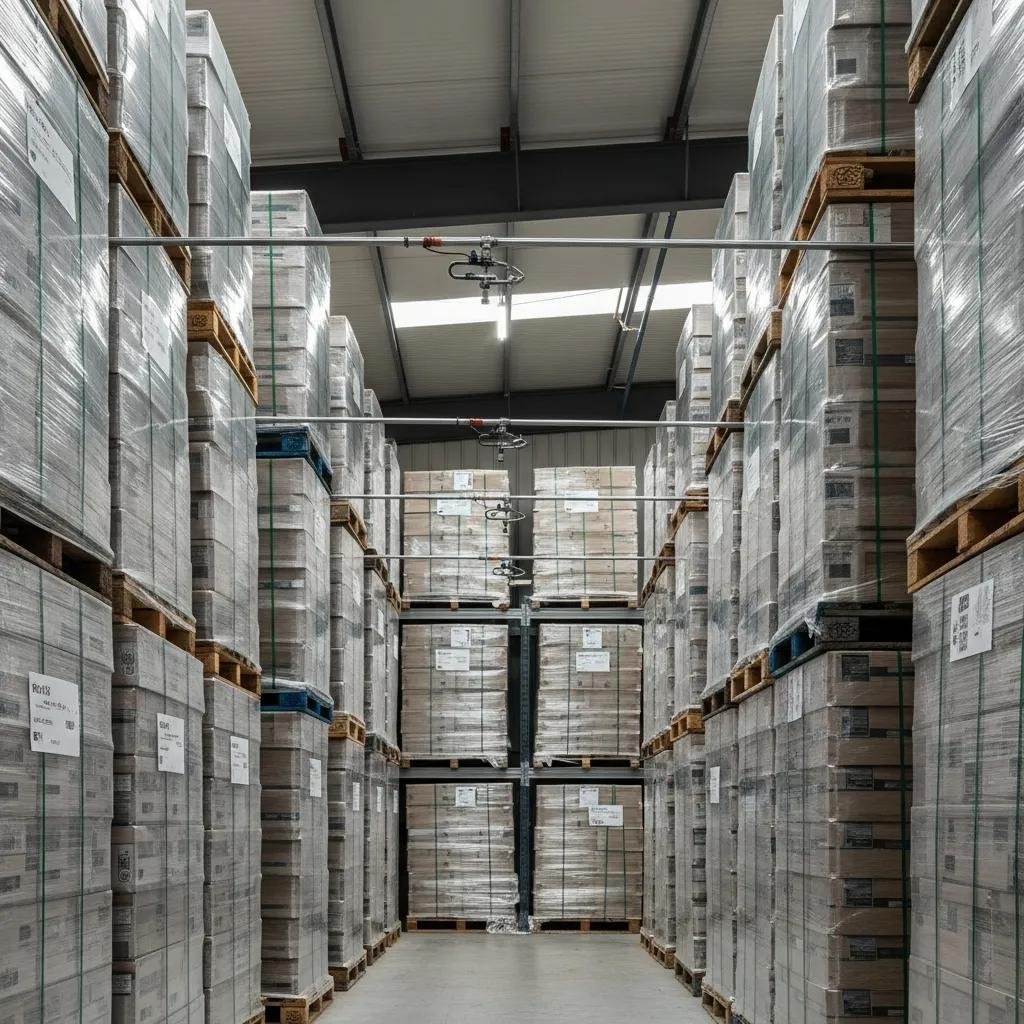High pile storage in a warehouse with strategically placed sprinkler heads for fire safety