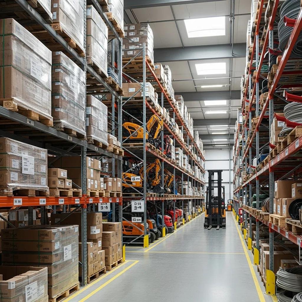 High pile storage systems in a modern warehouse, emphasizing organization and compliance