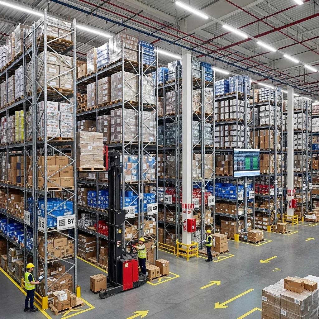 High pile storage warehouse showcasing organized stacks of goods and safety measures