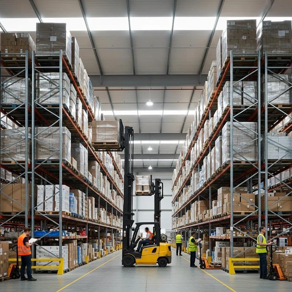 High-pile storage warehouse with organized goods and active workers