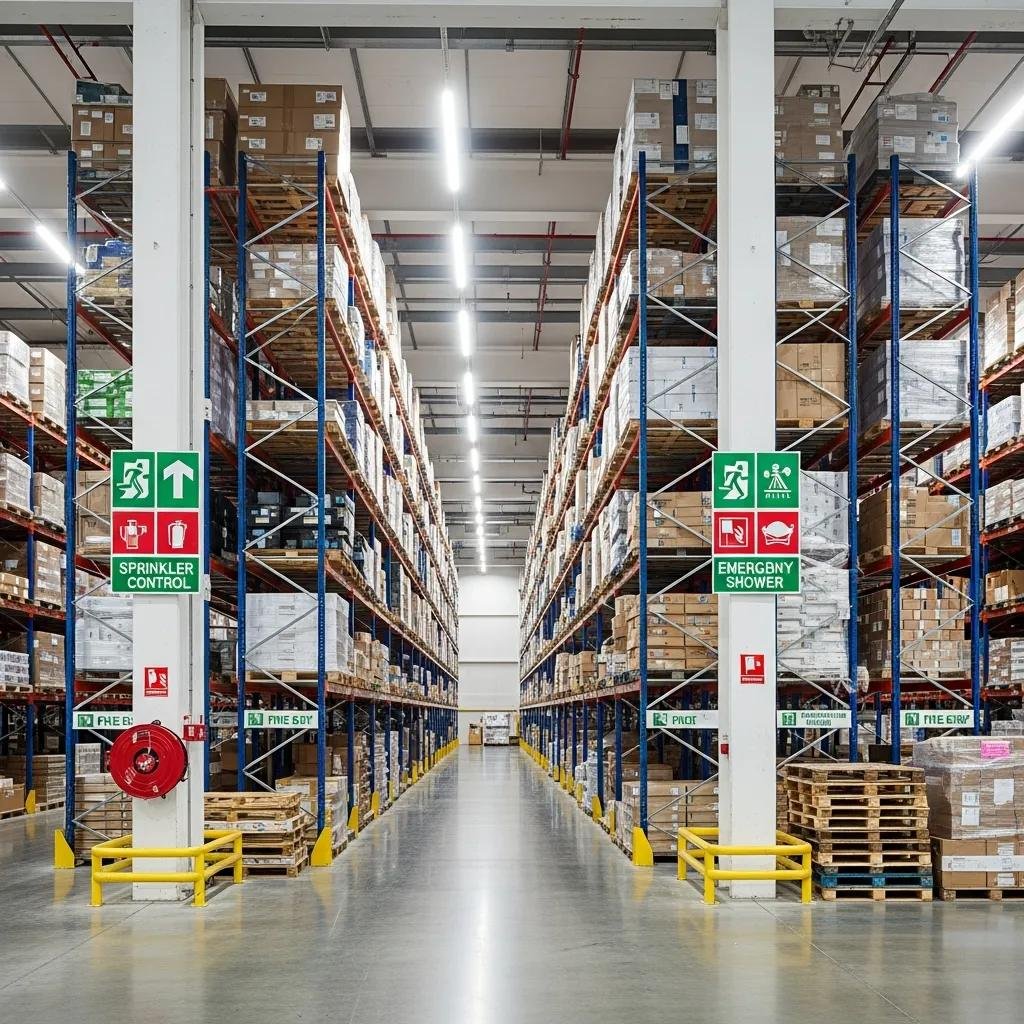 High pile storage warehouse with organized materials and fire safety signage