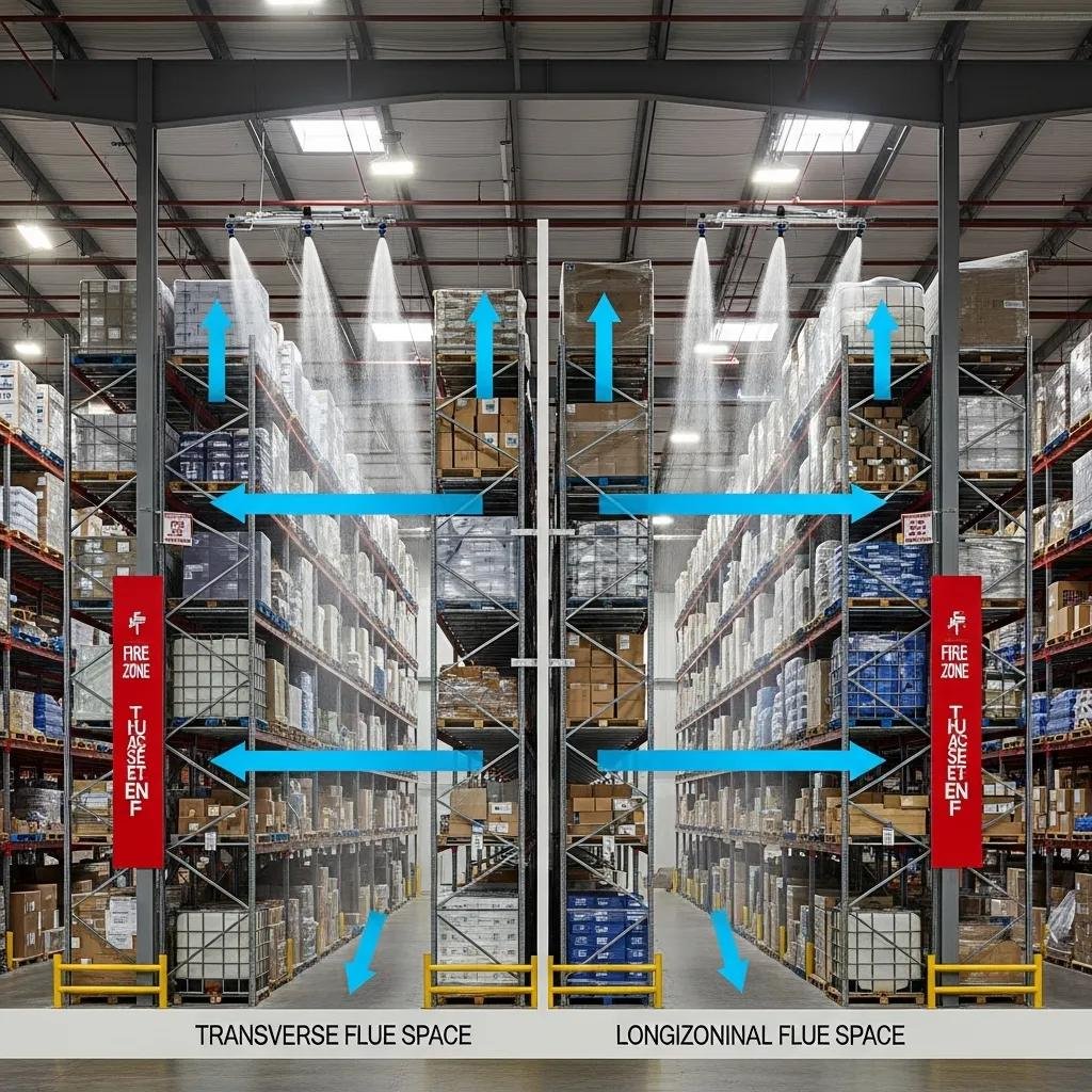 Illustration of flue space between storage racks for fire safety compliance