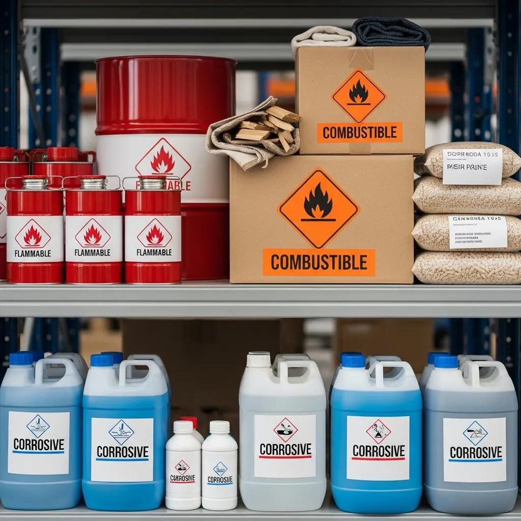 Illustration of warehouse commodities: flammable, combustible, and corrosive materials