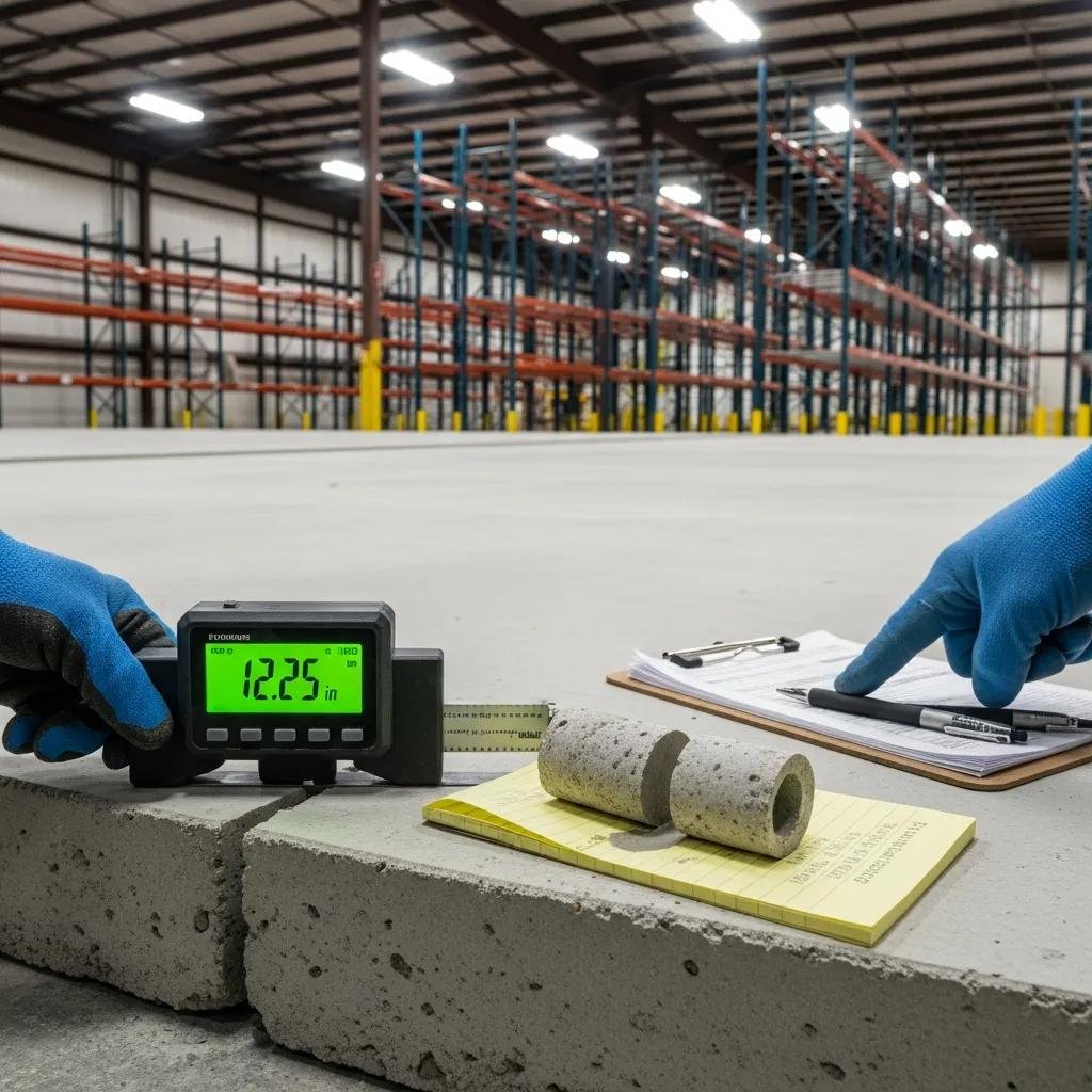Inspection of concrete slab thickness and material quality for secure anchoring in a warehouse