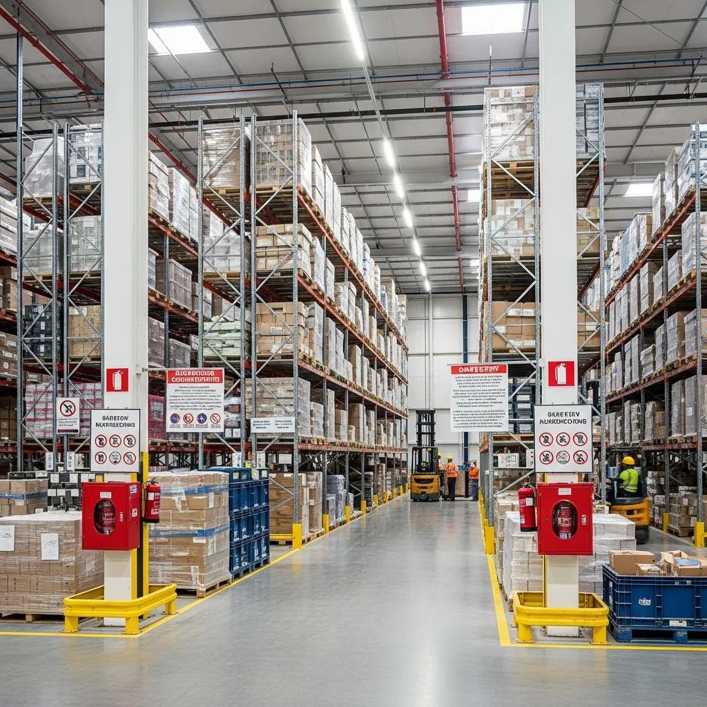 Interior view of a warehouse with high pile storage systems, showcasing organized materials and safety equipment