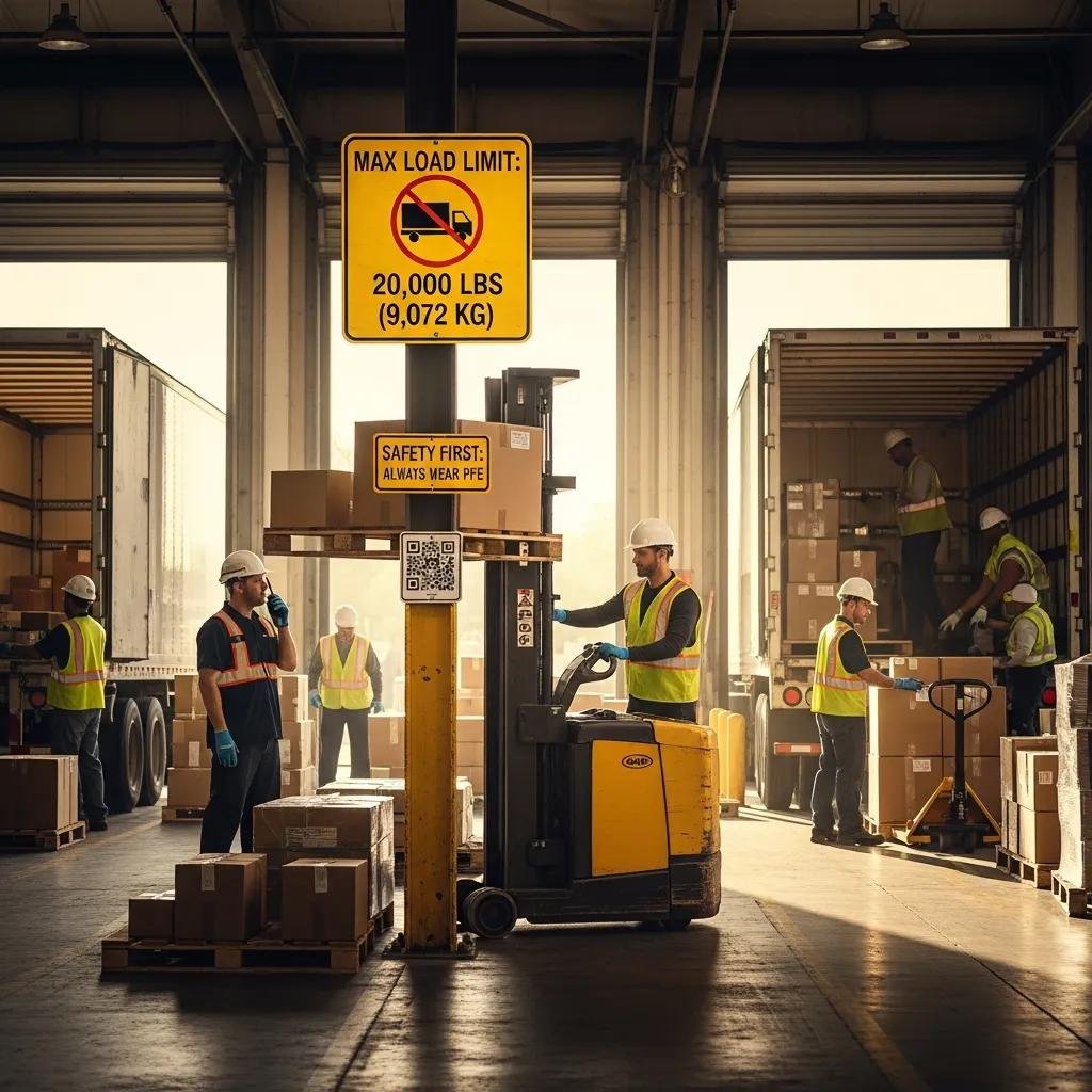 Loading dock scene with workers in safety gear and forklifts, emphasizing safety and efficiency