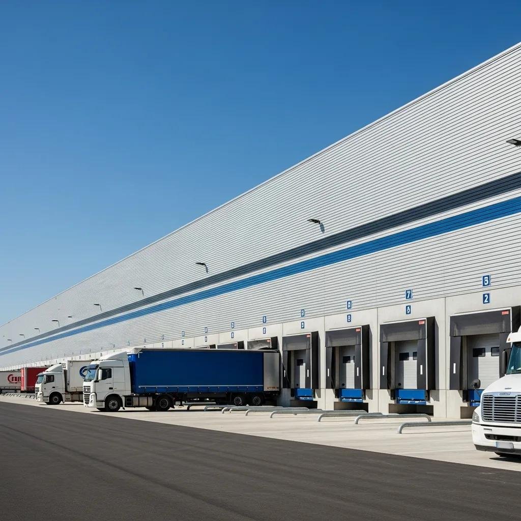 Modern warehouse exterior showcasing loading docks and operational efficiency