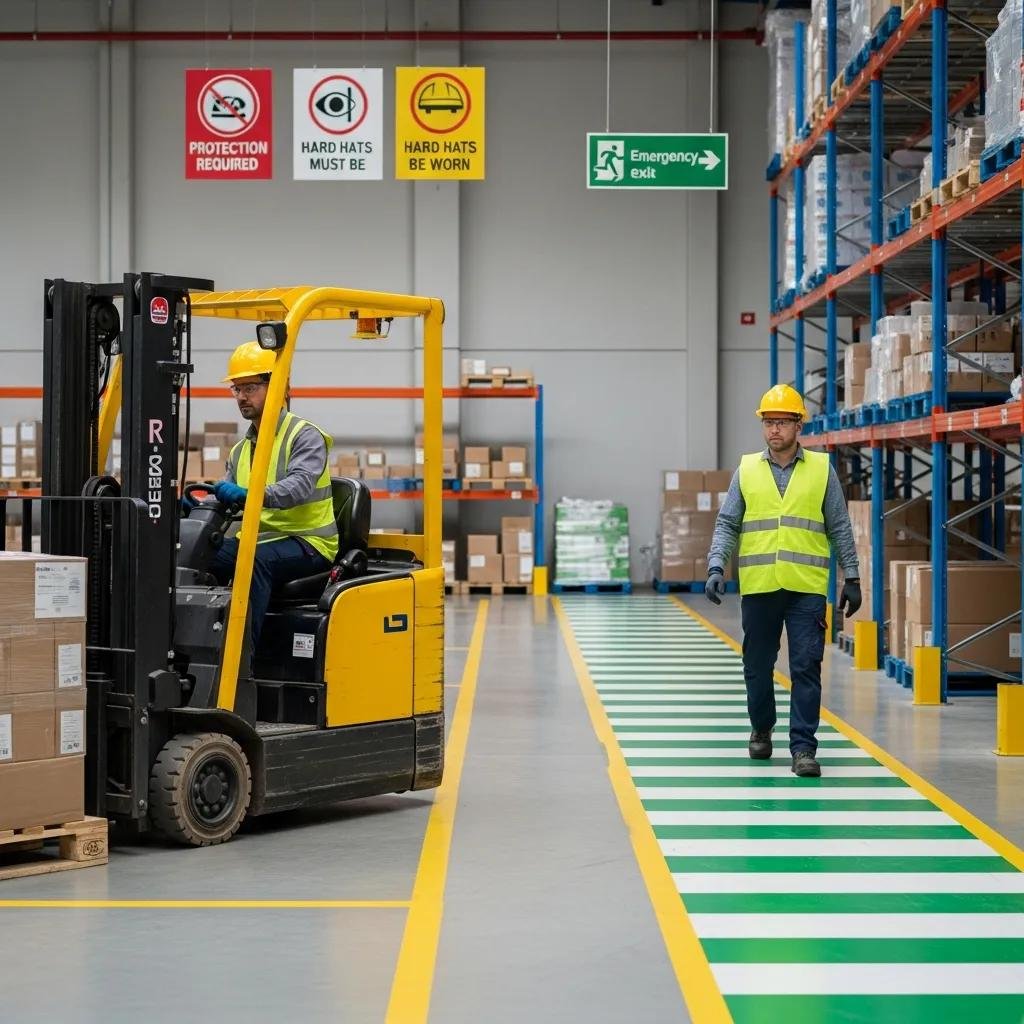 Modern warehouse interior emphasizing safety measures with workers in PPE and organized storage