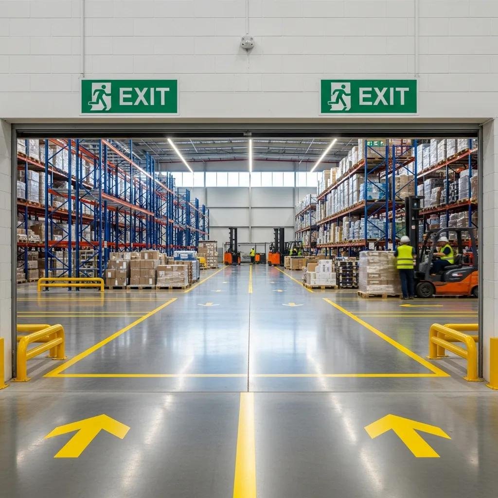 Modern warehouse interior with clear emergency exit signs and wide aisles