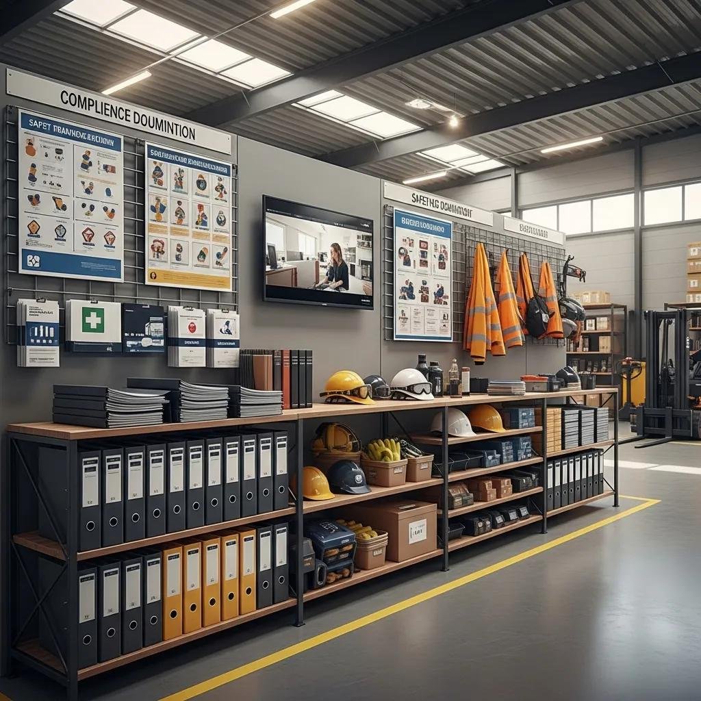Modern warehouse interior with organized compliance documentation and safety equipment
