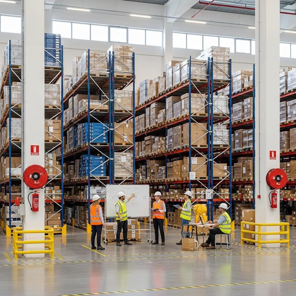 Modern warehouse interior with organized shelves and safety equipment, emphasizing inspection readiness