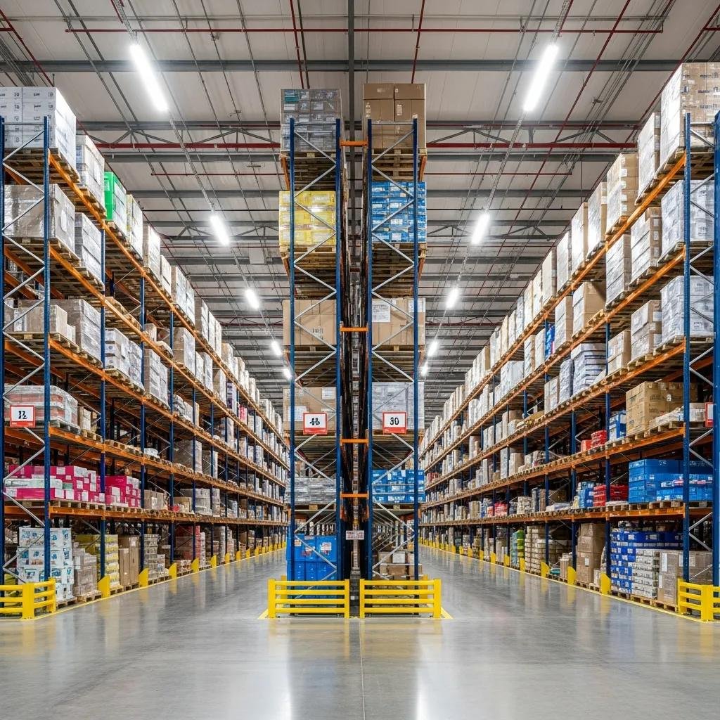 Modern warehouse with high-pile storage systems and clear aisles for safety