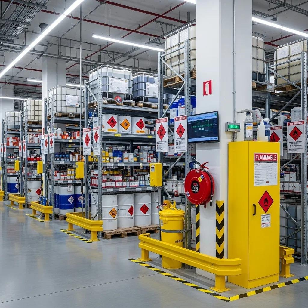 Modern warehouse with organized hazardous materials storage and safety equipment