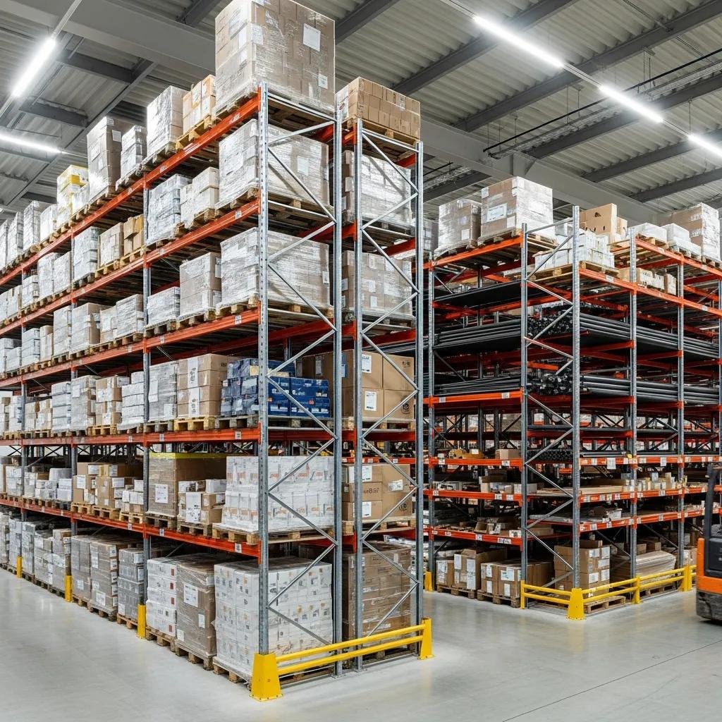 Modern warehouse with organized industrial shelving systems for optimized storage solutions