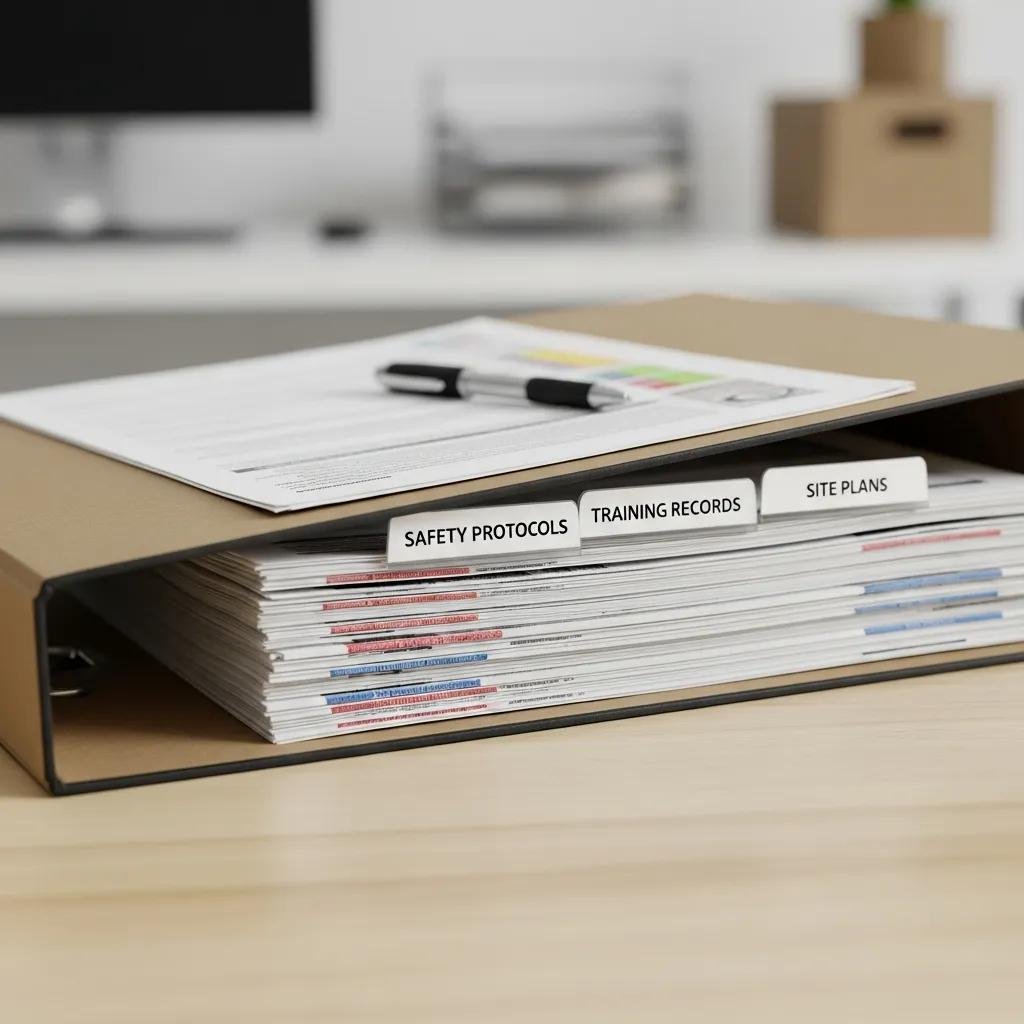 Organized compliance documentation folder with safety protocols and training records for warehouse inspection