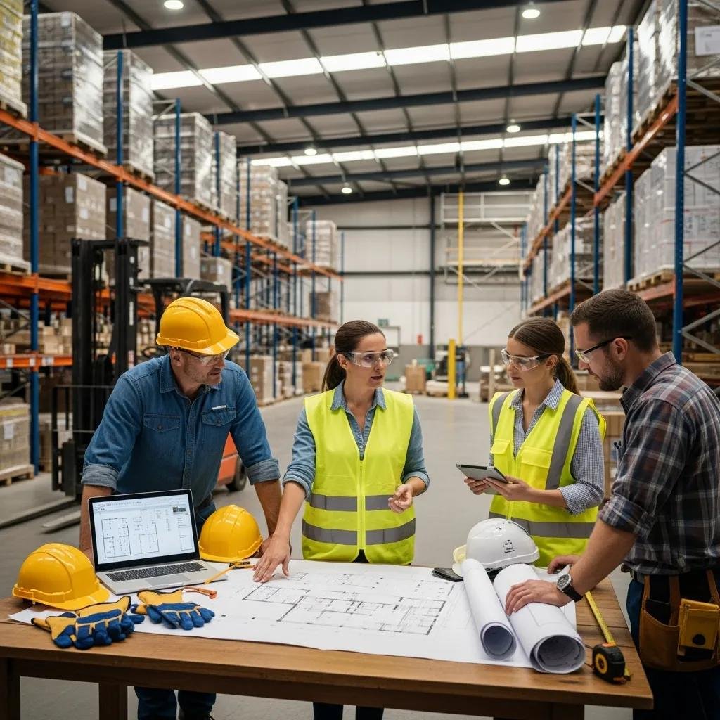Project manager collaborating with a team in a warehouse setting with blueprints