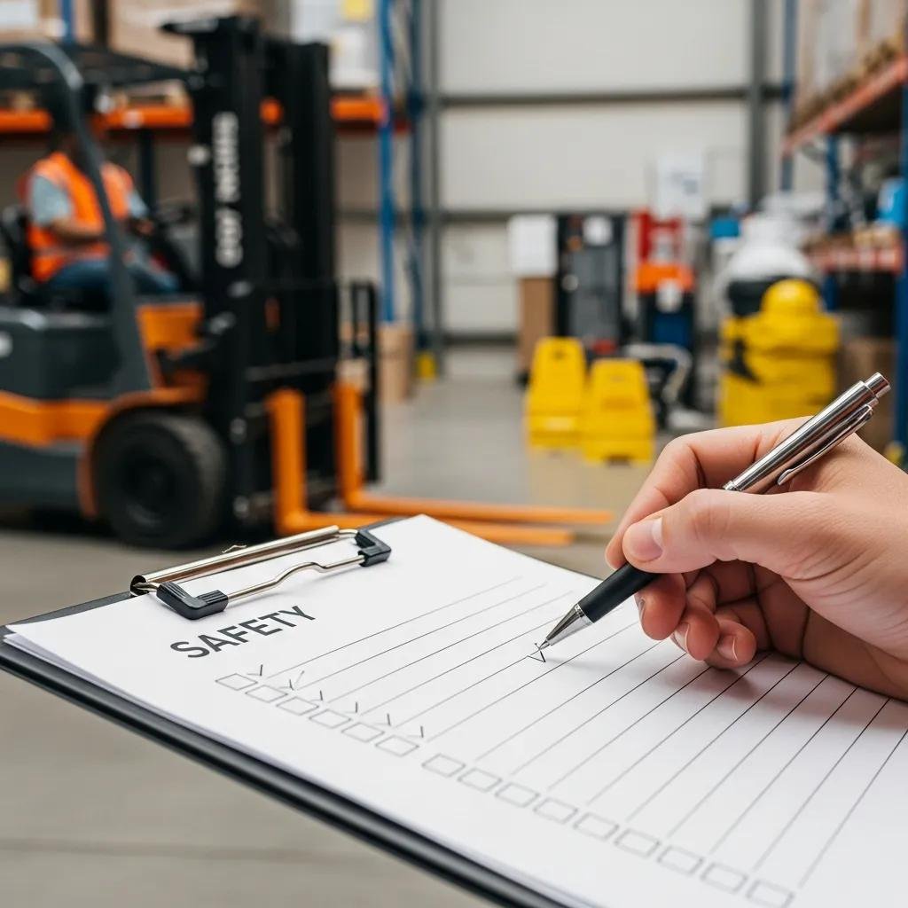 Safety checklist review in a warehouse emphasizing compliance and safety measures