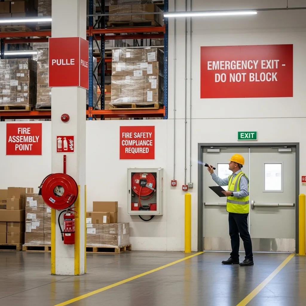 Safety inspector examining fire exit routes in a warehouse