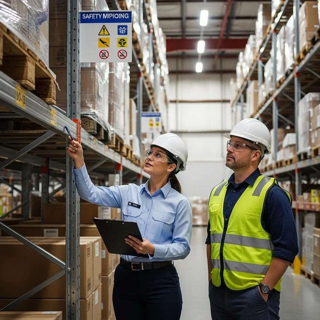 Safety inspector reviewing warehouse racking systems during an inspection