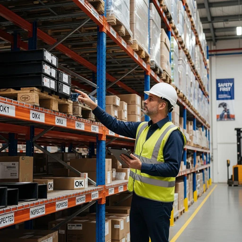 Warehouse safety officer inspecting storage systems for compliance with regulations, checking labels and inventory in a well-organized warehouse environment.